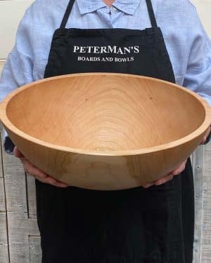 Large 15-inch cherry wooden bowl, handcrafted round design, food safe for serving or salad use.