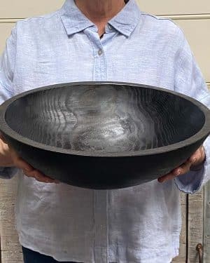 Large 15-inch ebonized oak round wooden bowl, hand-turned black finish, food safe serving bowl.