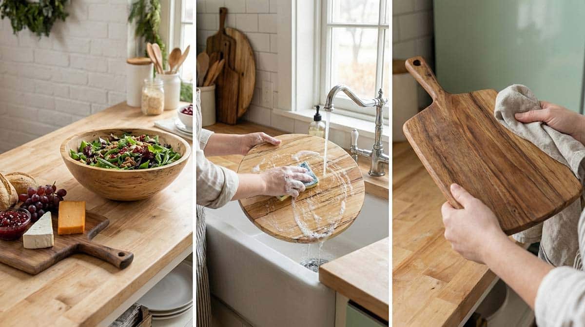3 panel image outlining wood care and maintenance