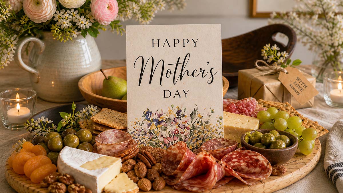 Close-up of a Mother’s Day charcuterie board with a card, cheeses, meats, grapes, olives, and nuts
