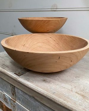 Medium (13") and small (10") round cherry wooden bowls